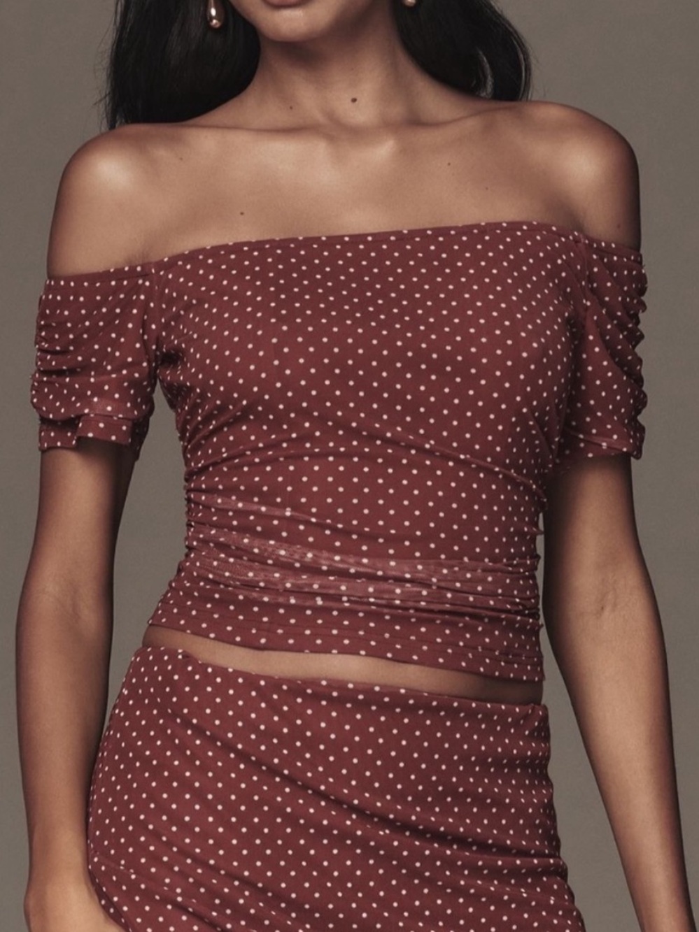 Anthropologie Rust Red Polka Dot Off-Shoulder Crop Top